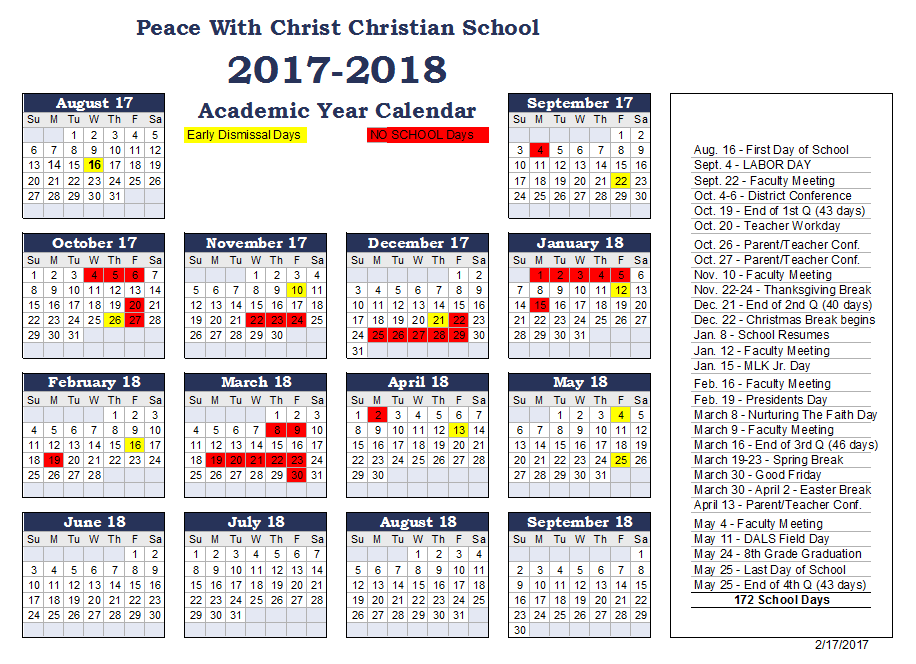 Peace with Christ Christian School 20172018 Calendar